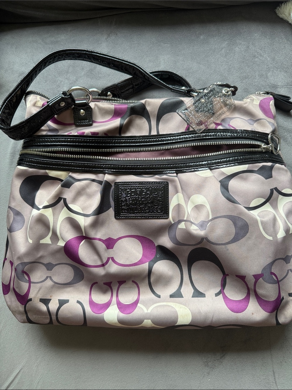Coach Signature Print Shoulder Bag in Purple, Grey, Black & Cream